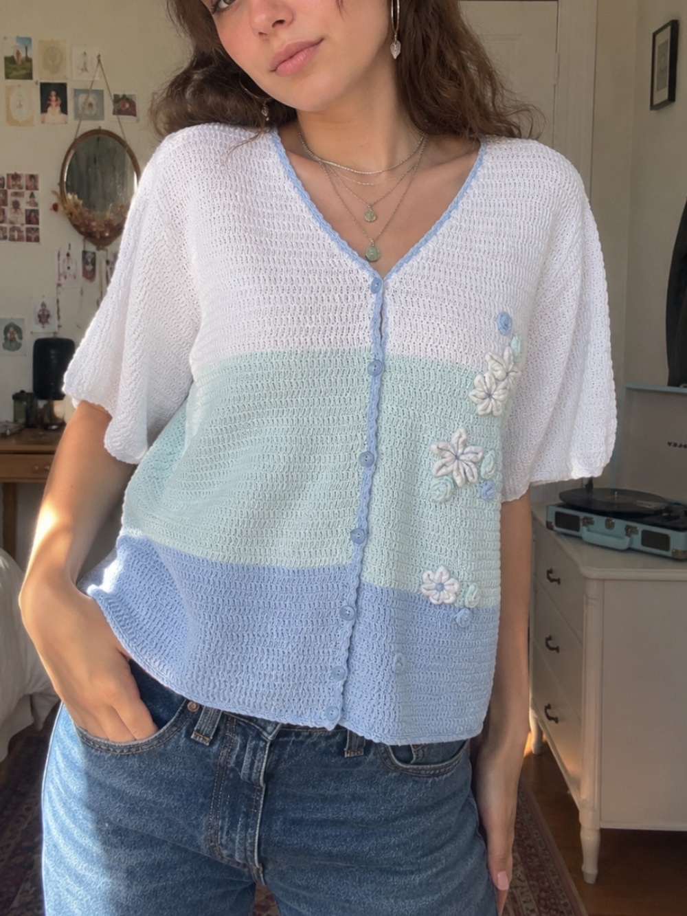 Women's Knit 100% Cotton Grannycore Short Sleeve Sweater Top Size XL Striped